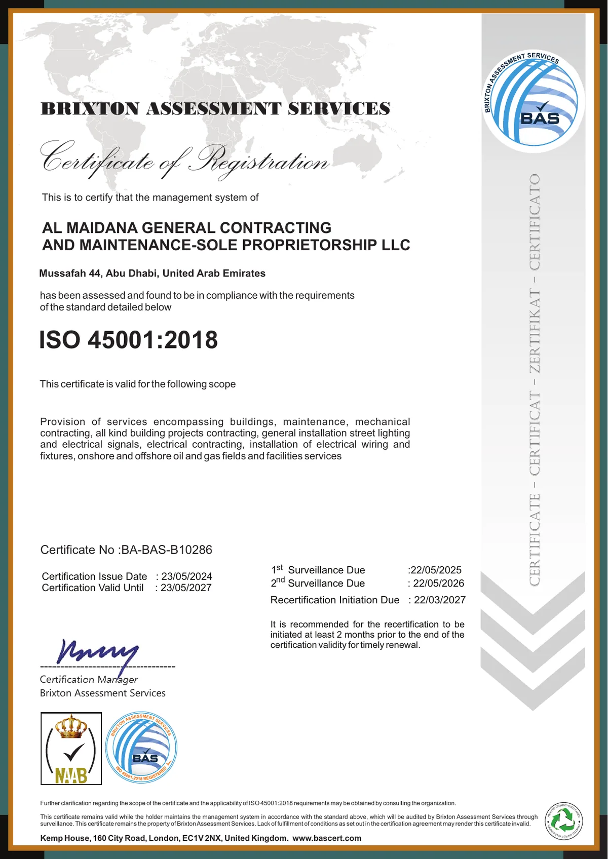 Certificate ISO 45001:2018